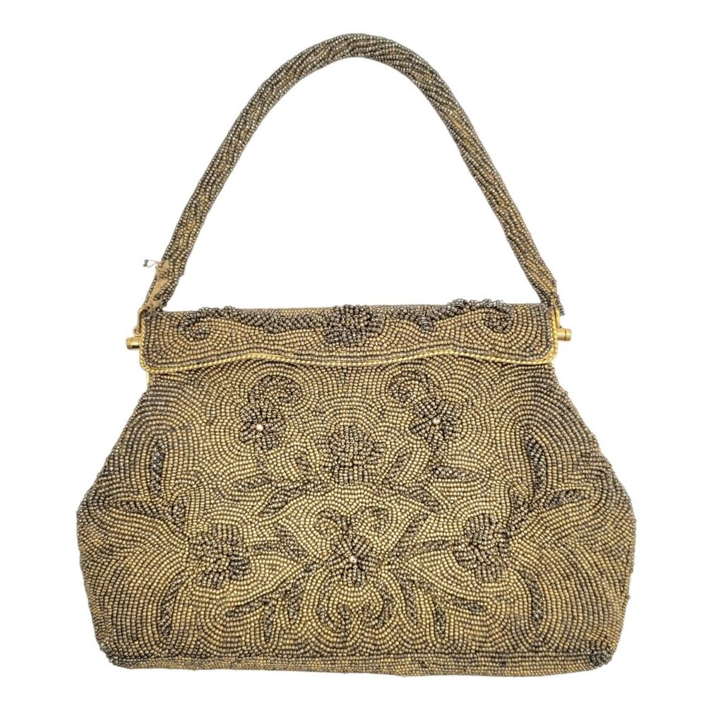 Vintage Gold Seed Bead Floral Evening Purse Art Deco Coquette Glamour Chic